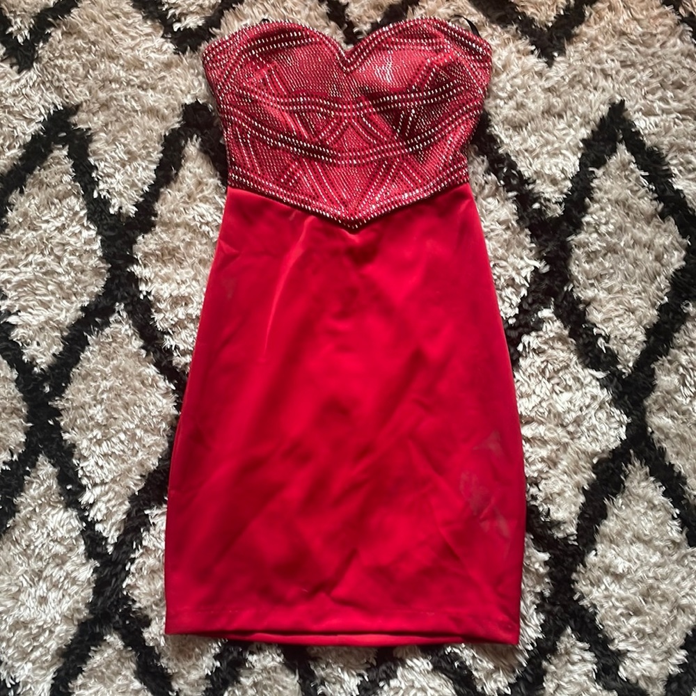 Red Mini Dress with Rhinestone Bodice